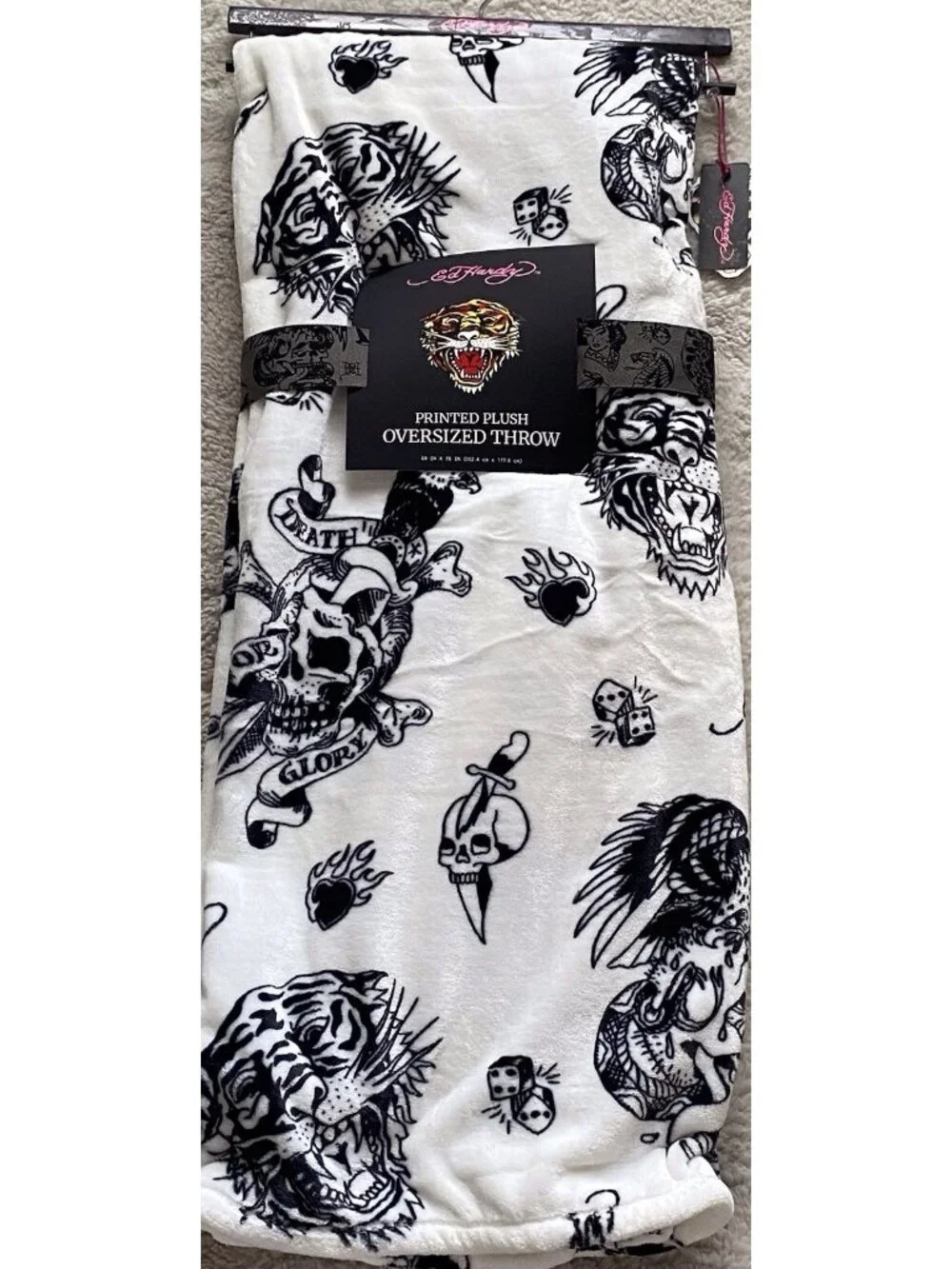 Ed Hardy Tattoo Printed Plush Oversized Throw Blanket Tiger Skull Dice White NEW